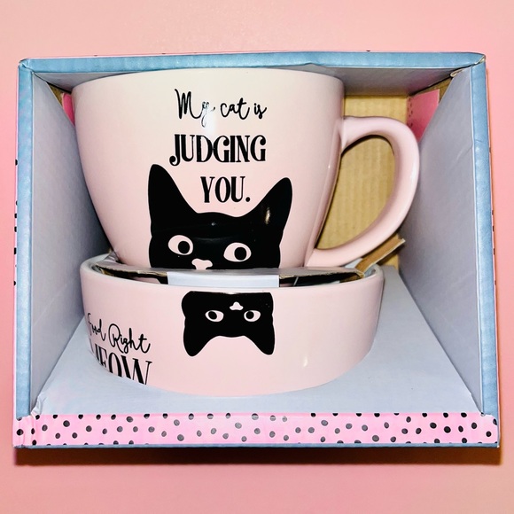 ***SOLD***  “My Cat is Judging You” Pink Cat Bowl & Mug Set - Picture 3 of 11